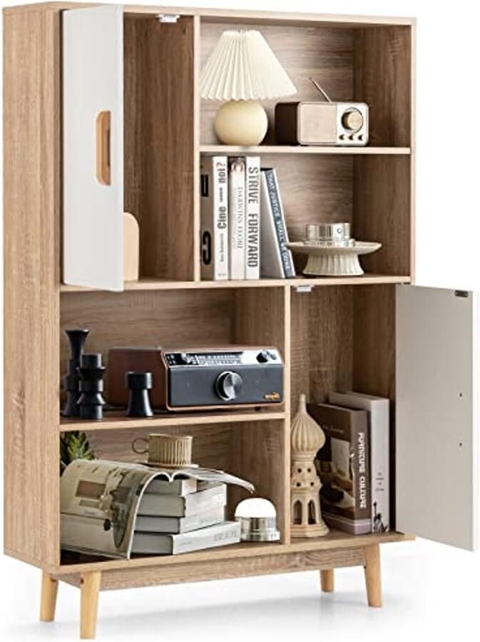 Multifunctionele Boekenkast met 2 Deuren en 4 Planken Stabiele Houten Kasten voor Thuis of Kantoor