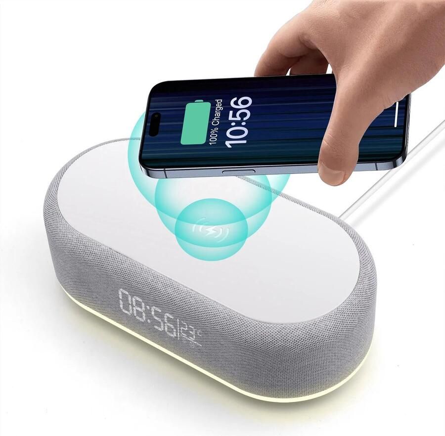 Multifunctionele Bureauklok met draadloze oplader wekker thermometer LED-display en nachtlampje. Perfect voor je nachtkastje of bureau. Compact stijlvol en praktisch