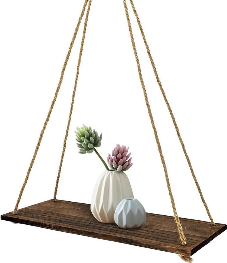 Multifunctionele drijvende planken 35 x 4 x 1 cm met schommeltouw Rustieke zwevende planken voor badkamer en keuken (bruin)