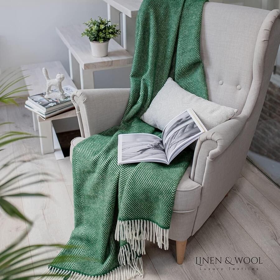 Multifunctionele Groot Sprei Bedsprei Alaska met Ruitpatroon 100% Nieuw-Zeelandse Wol Groen (140 x 220 cm) Bankdeken Plaid Bed Bank Tweepersoons Dekbed Winterdekbed