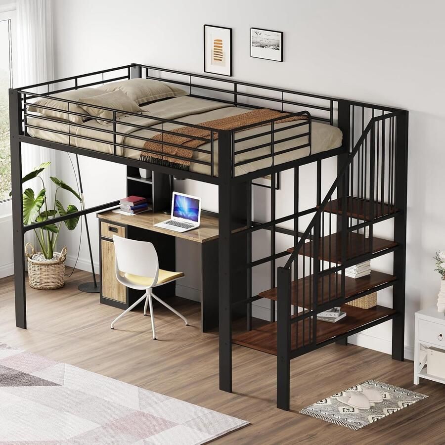 Multifunctionele Hoogslaper 140 x 200 cm met Plank – Ideaal voor Kinderen en Volwassenen Zwart