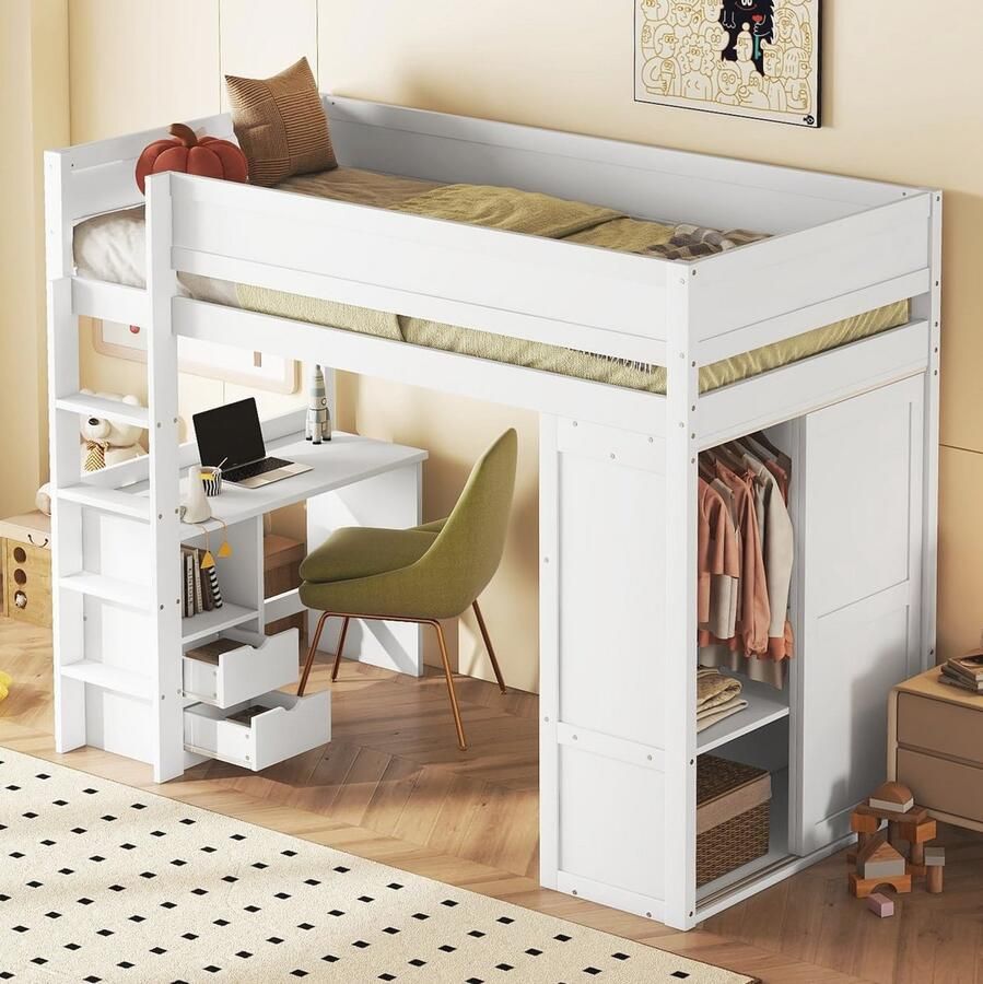 Multifunctionele Hoogslaper 90 x 200 cm met Bureau en Kledingkast voor Tieners en Volwassenen