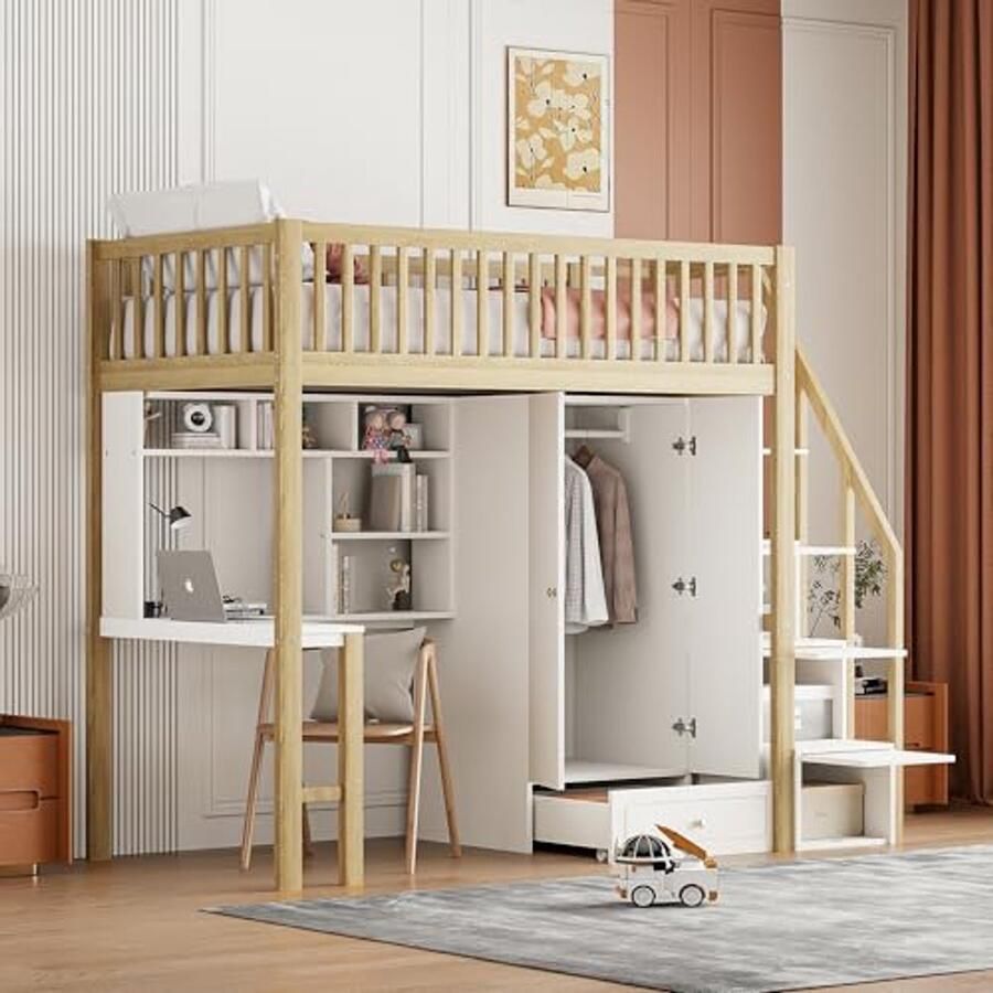 Multifunctionele Hoogslaper 90 x 200 cm met Kledingkast Tafel en Opbergruimte