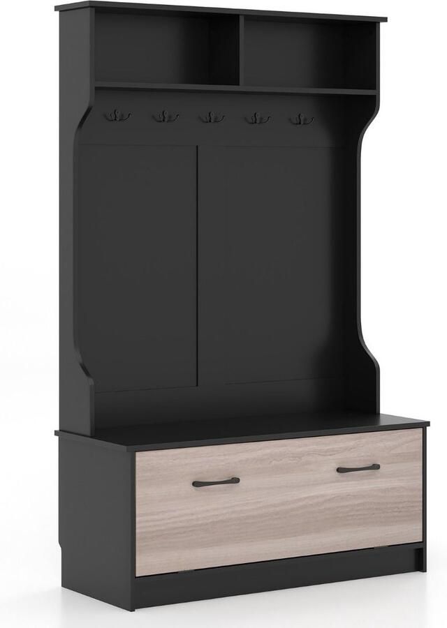 Multifunctionele Kapstok met Bank 5 Dubbele Haken Open Kledingvakken en Schoenenkast – Ideaal voor Hal of Slaapkamer 100 x 40 x 160 cm (Zwart)