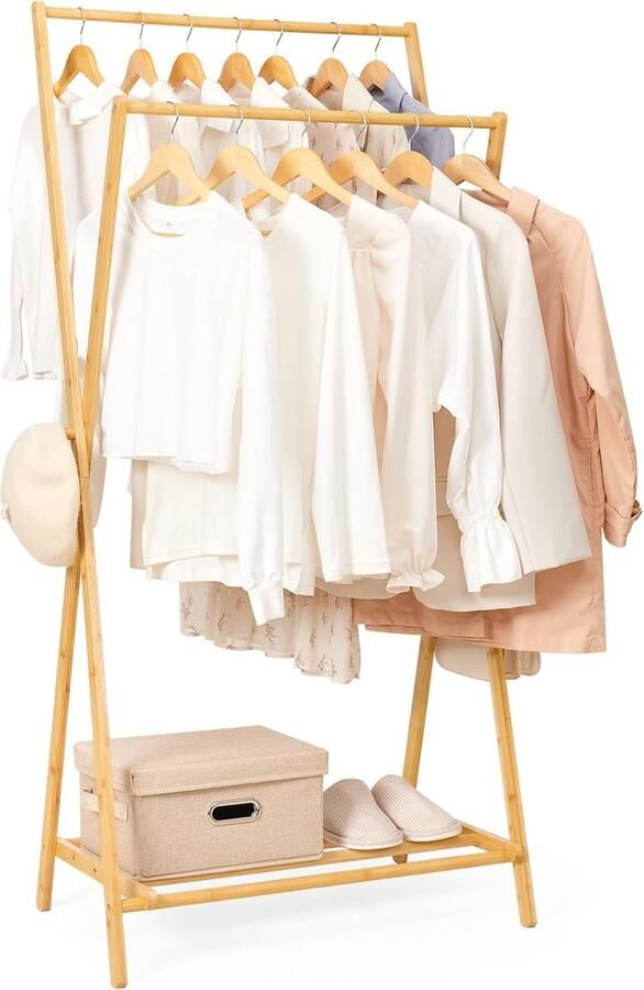 Multifunctionele kapstok van bamboe met verstelbare kledingstandaard en opbergrek Ruimtebesparend kledingrek voor slaapkamer en garderobe