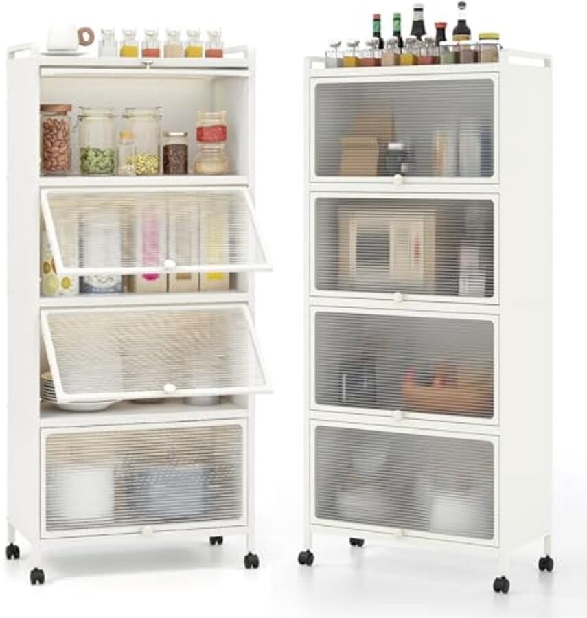 Multifunctionele Keukenkast met Wielen 5 Niveaus Opklapbare Deuren en Anti-Kantelbeveiliging