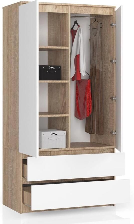 Multifunctionele Kledingkast met 2 Deuren en 2 Laden 180x90x51 cm Eiken Sonoma Wit