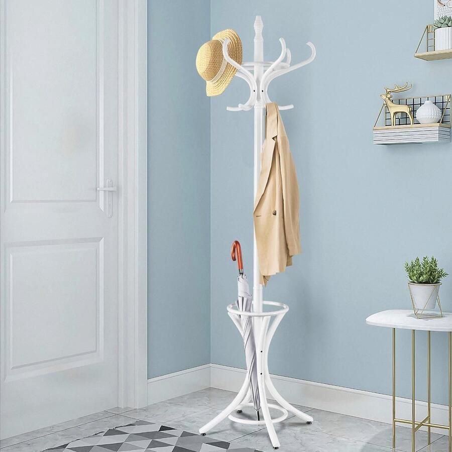 Multifunctionele Kledingstandaard met 12 Haken Houten Kapstok voor Slaapkamer Woonkamer en Garderobe 184 cm Hoogte