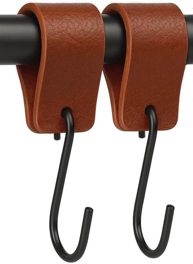 Multifunctionele Leren S-haken Cognac Kapstokhaak voor Keuken Badkamer Slaapkamer en Kantoor 2 Stuks