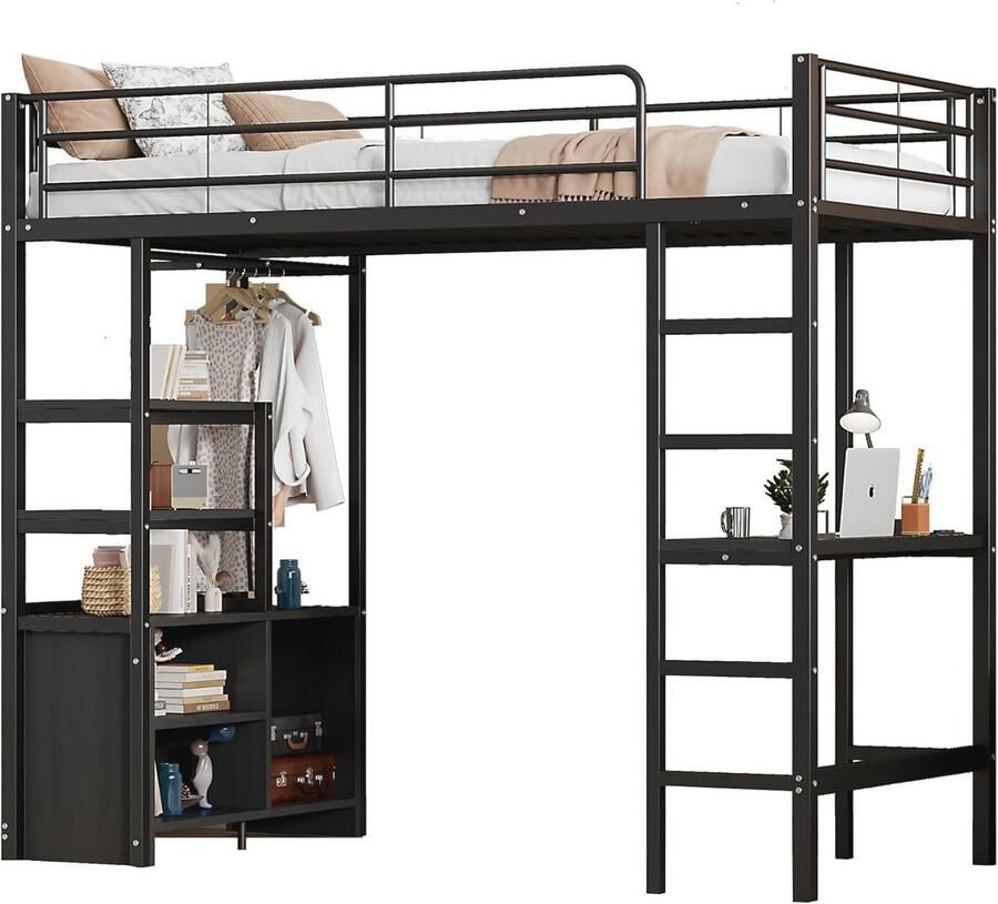 Multifunctionele Metalen Hoogslaper met Bureau en Opbergruimte 90 x 200 cm Tienerbed met Kledingkast en Stopcontact