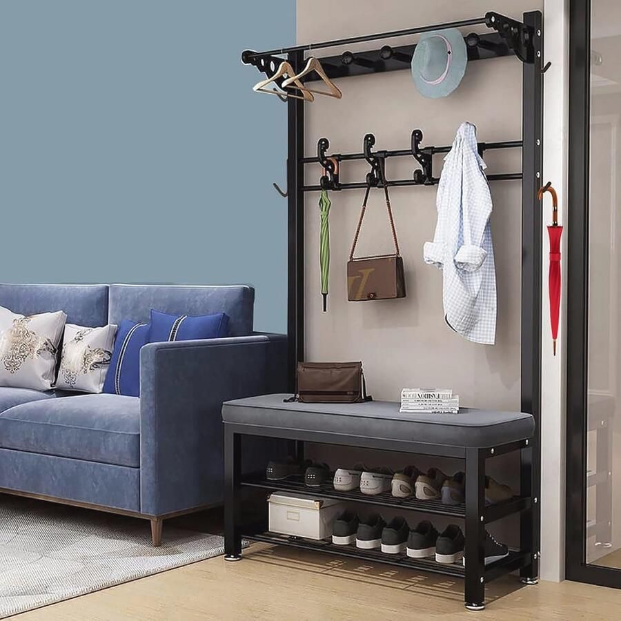 Multifunctionele Metalen Kapstok met Schoenenbank en Haak Eenvoudig te monteren voor Woonkamer en Hal