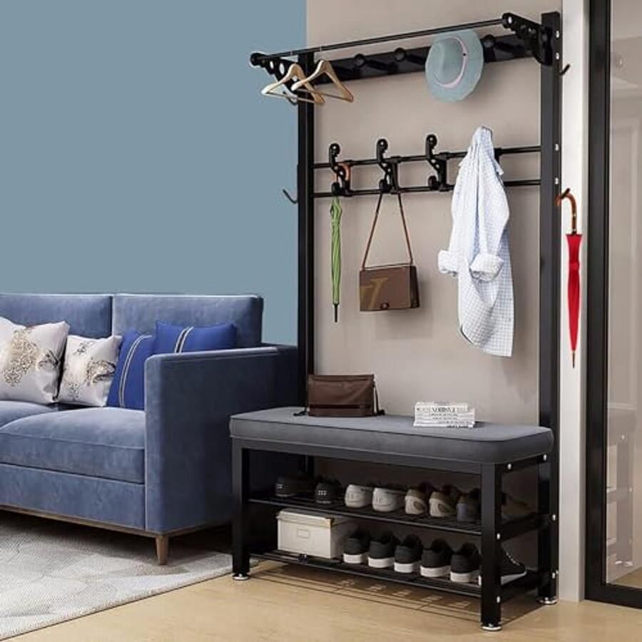 Multifunctionele Metalen Kapstok met Schoenenbank en Haak voor Hal en Woonkamer