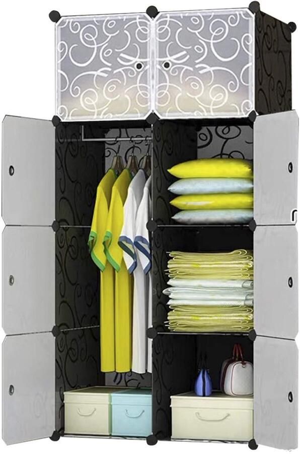 Ibenzoa Kledingkast met 8 kubussen garderobekast met insteeksysteem kunststof kast met deuren en 1 hanger diepere vakken dan normaal (45 cm vs. 35 cm) voor meer ruimte