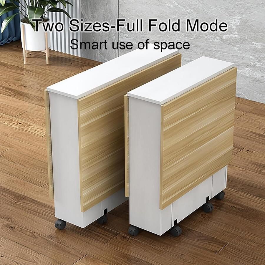 Multifunctionele opvouwbare eettafel met 6 wielen opbergplanken en druppelbladontwerpRuimtebesparende eettafel voor slaapkamer en eetkamer 120 cm 4ft grootte