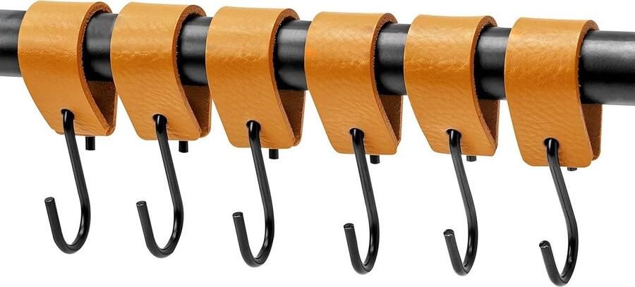 Multifunctionele S-haken van Leer Okergeel 6 stuks Kapstokhaak voor Keuken Badkamer Slaapkamer Kantoor
