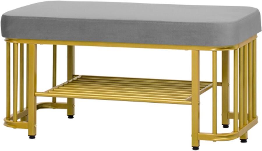 Multifunctionele schoenenbank met opbergrek – fluwelen zitting & metalen frame – Ruimtebesparende halbank met verstelbare poten – Grijs & Goud – Voor gang slaapkamer appartement