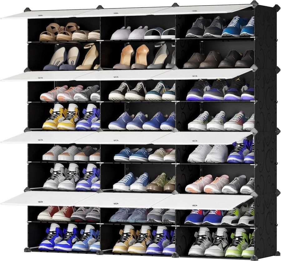 Schoenenrek Schoenenkast met Deuren Multifunctionele Modulaire Schoenenorganizer Verwijderbare Scheidingswand Kunststof en Metalen Frame Rekkensystemen 31x124x124cm (3x8 Scheiding) Zwart