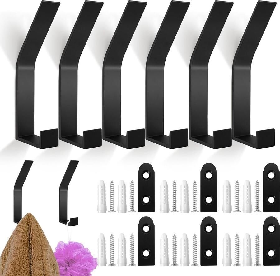 Luvetrex Multifunctionele Set van 6 Zwarte Wandhaken met Bevestigingsmateriaal voor Toepassingen