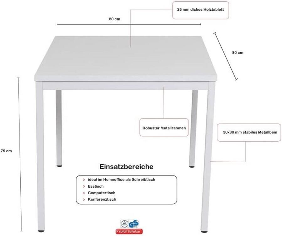 Multifunctionele Vierkante Tafel Perfect als Bureau Vergadertafel of Eettafel Grijs 80 x 80 x 75 cm