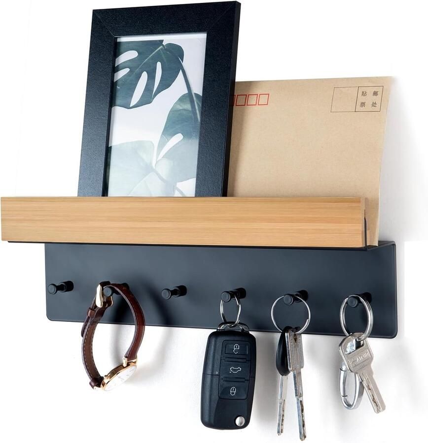 Multifunctionele wandplank Opbergrek 26 5 * 9 * 4 cm met 6 haken Opberglade bovenop Ideaal cadeau voor een housewarming Geschikt voor entree gang woonkamer keuken