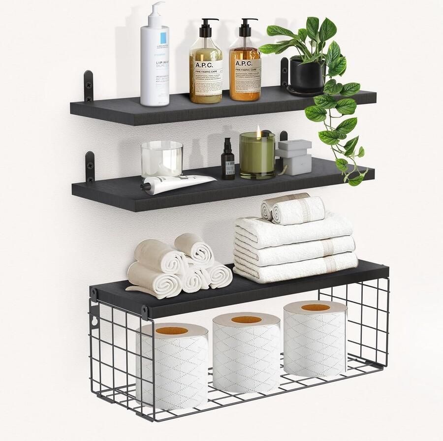 Multifunctionele wandplanken met mand opbergruimte set van 3 zwart grenenhout 40 x 15 cm