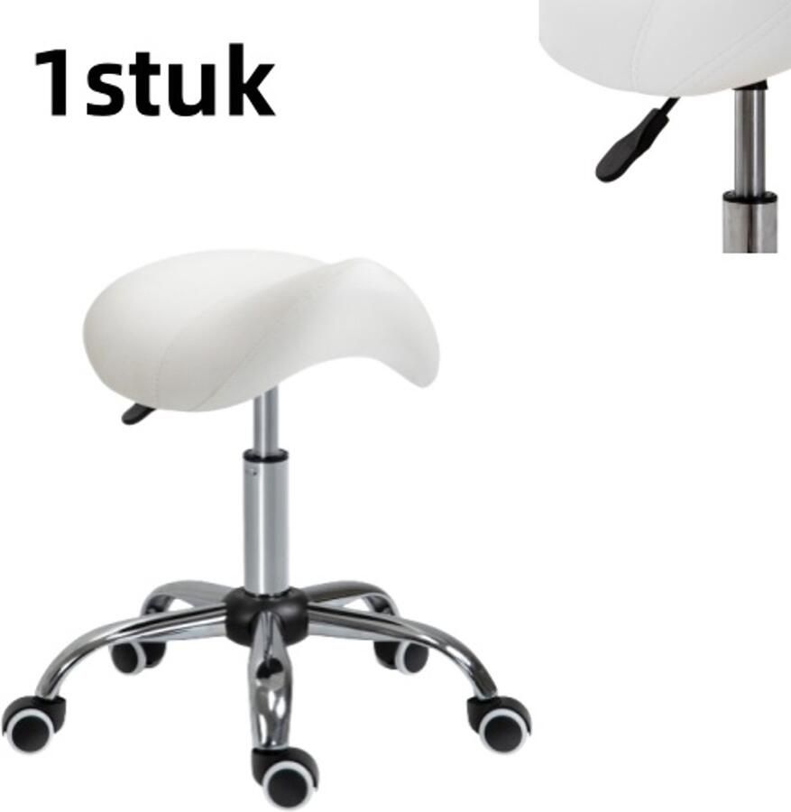Multifunctionele zadelkruk wit kussen draaibaar en rolbaar in hoogte verstelbaar geschikt voor kantoor en thuis