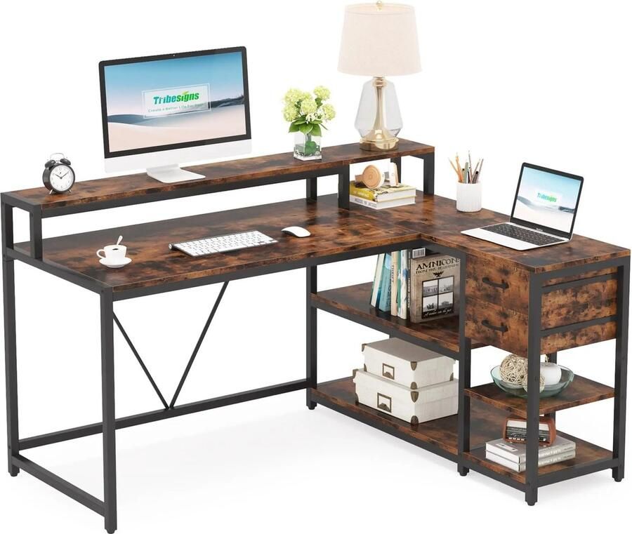 Multis Industrieel Bureau Hoekbureau L-vorm Industriële Look Inclusief Planken en Lades 140x110x90cm