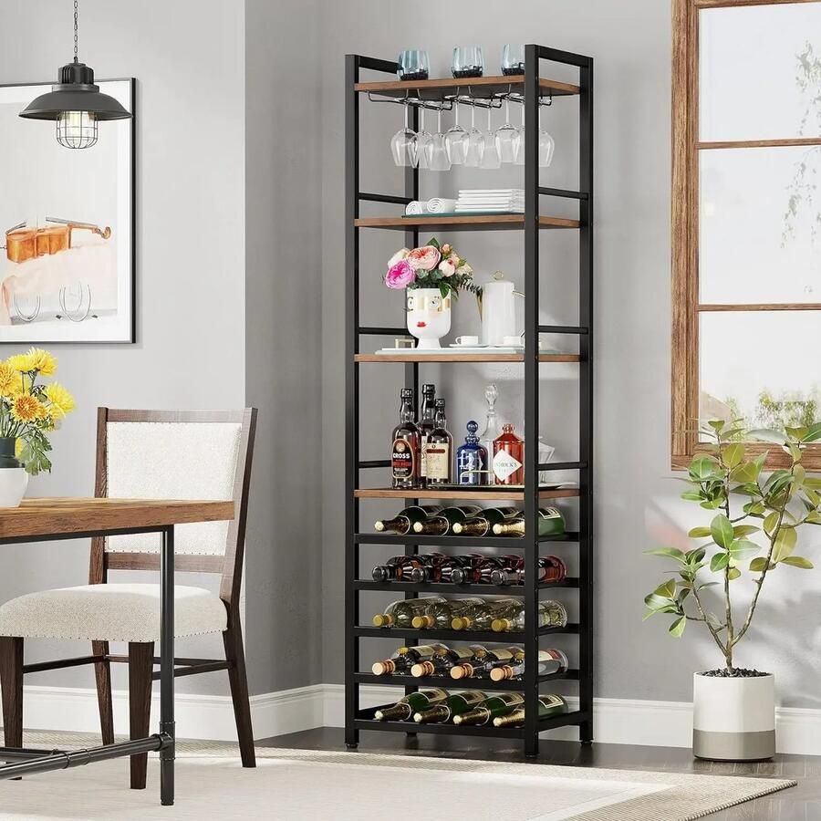 Multis Industriële Wandkast Boekenkast Inclusief Wijnrekken 5-tier Wijnflessenhouder en 4-tier Opslagplanken Opbergkast Houtlook 45x35x180cm