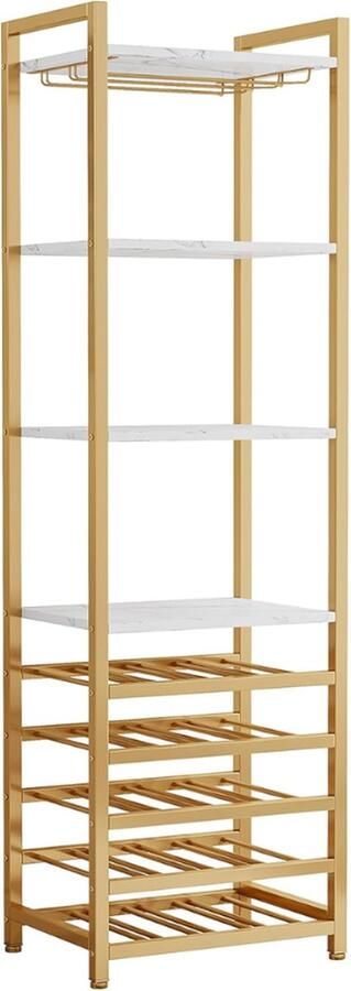 Multis Industriële Wandkast Boekenkast Inclusief Wijnrekken 5-tier Wijnflessenhouder en 4-tier Opslagplanken Opbergkast Goud 45x35x180cm