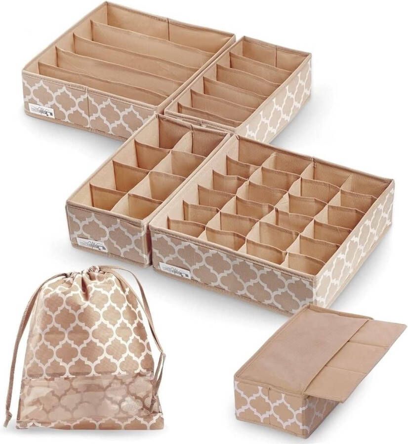 Mushkatt Opbergdozen Lade Organizer Systeem Ondergoed Organizer Garderobe Set 4 x stoffen vouwdozen + 1 x schoenentas stoffen dozen voor beha's ondergoed sokken stropdassen enz. Beige