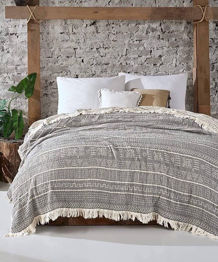 Musselin sprei extra groot 220 x 240 cm 100% katoen sprei voor bank stoel en bed knuffeldeken sofadeken wollen deken woondeken (obsidiaan)