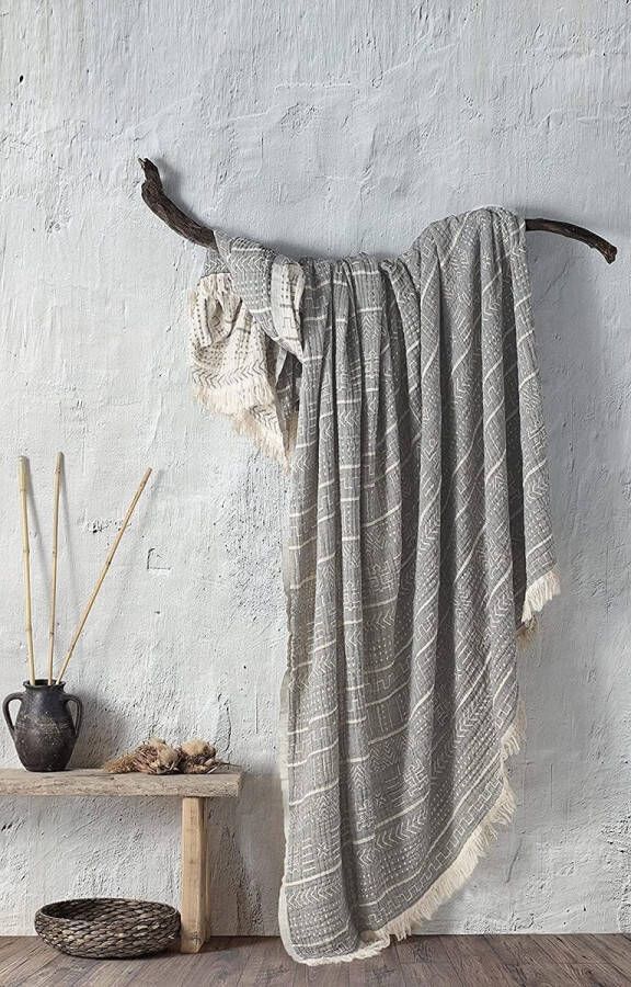 Musselin sprei The Aztec Throw extra groot 220 x 240 cm 100% katoen sprei voor bank stoel en bed knuffeldeken sofadeken wollen deken woondeken (obsidiaan)