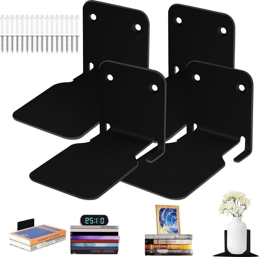 Muur boekenkast 4 stuks verborgen boorinstallatie onzichtbare multifunctionele wandhouder thuis kantoor bibliotheek (zwart)