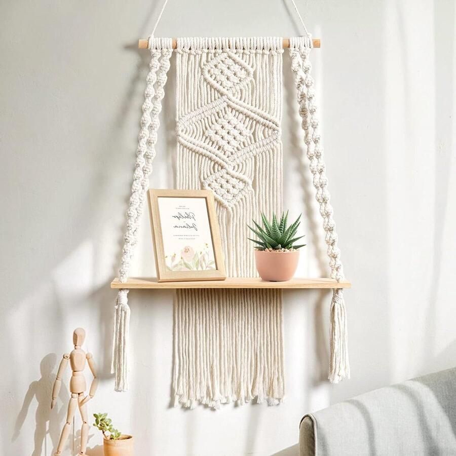 Macrame Plank Houten Wandplank voor Planten Boho Decoratie Hangende Plank Badkamer Woonkamer Balcony Betylifoy