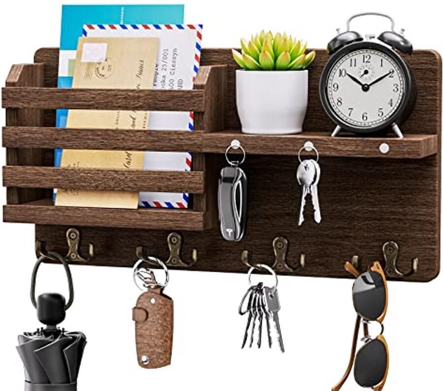 Muur Sleutelhouder met Magnetische Haken en 4 Dubbele Haken Decoratieve Sleutelhangers voor Entree en Hal Bruin