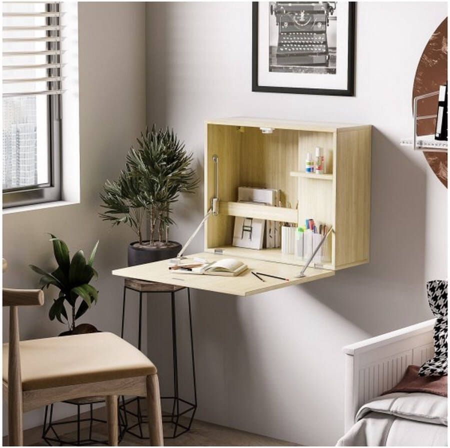 ZAZA Home Muur vouwtafel met opslagruimte opvouwbare laptoptisch computertabel kantoortafel eettafel modern ontwerp natuurlijk hout 60 x 21 5 x 50 cm