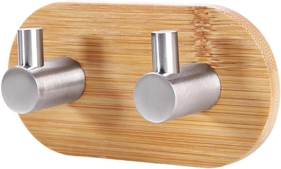 Muurhaak 2 Stuks Ophanghaken Zelfklevend Muurhaken Handdoeken Haak Kapstok Haak Deurhaak Zilver en hout kleur RVS en Bamboe Voor Keuken Badkamer & Slaapkamer