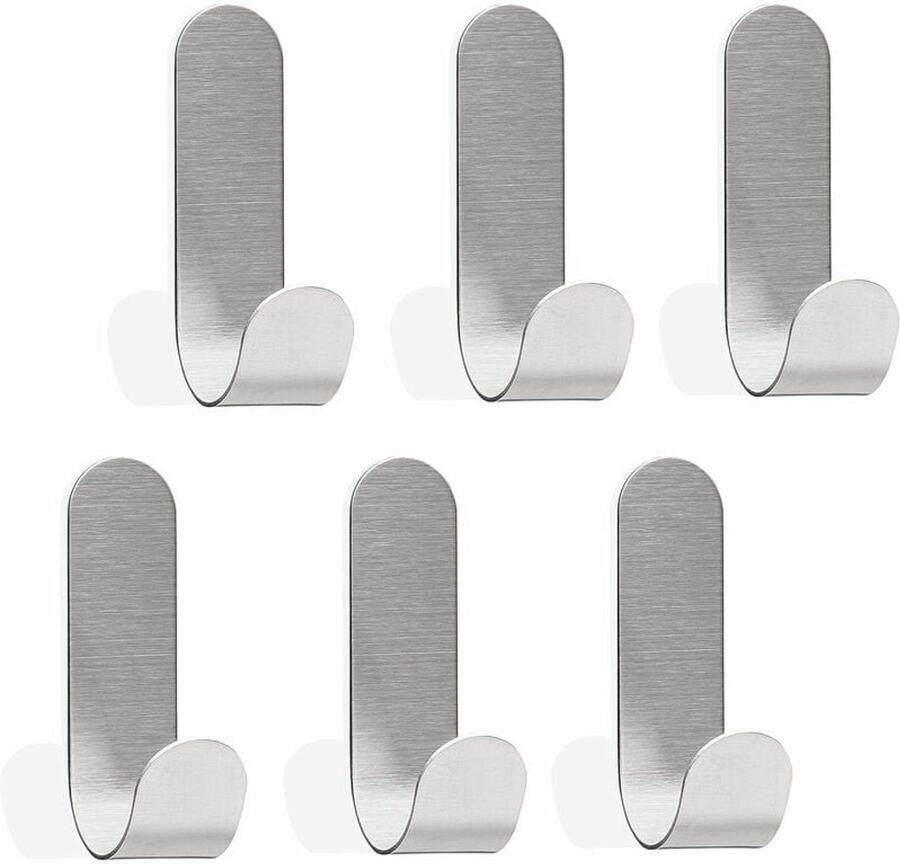 Muurhaak Deurhaak Set Van 6 Zelfklevende Roestvrijstalen Haken Voor Badkamer Keuken Of Garderobe 6 Stuk Badkamer En Kantoor Zilver