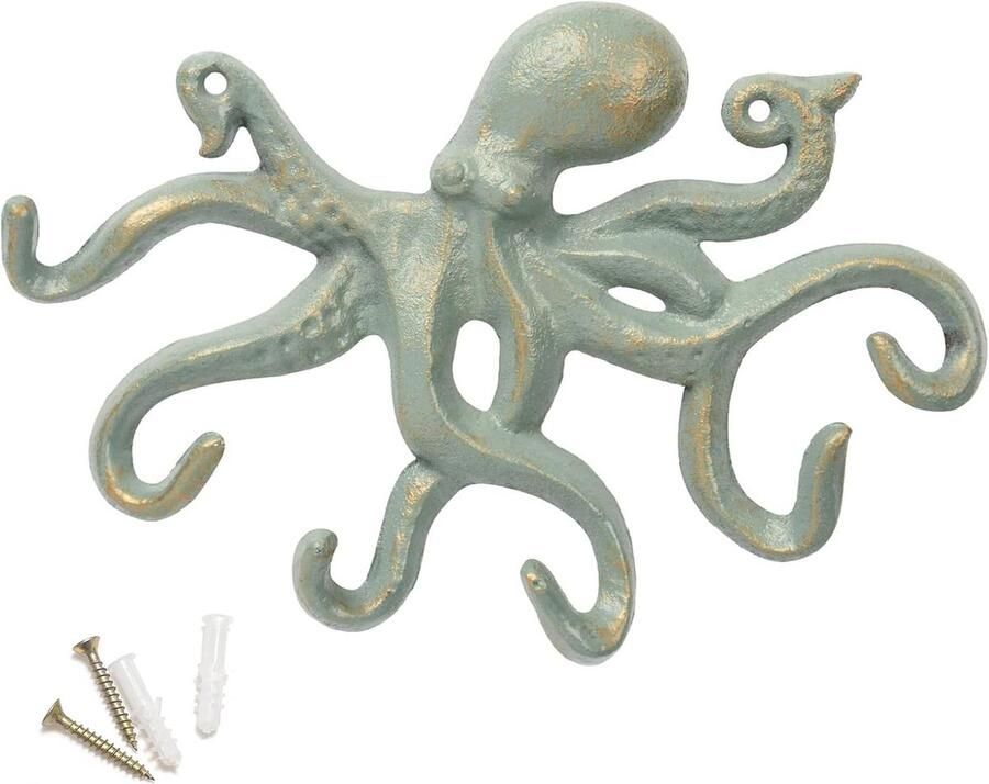 Muurhaak Vintage Octopus kapstok gietijzer sleutelrek rustiek goudgroen