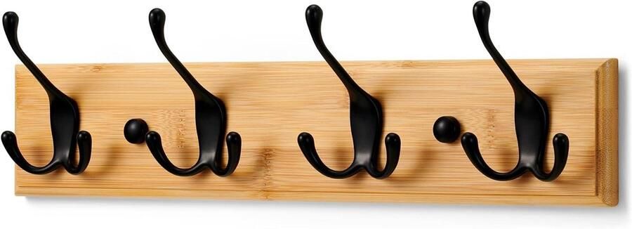 Wall Coat Rack Wood with 4 Black Hooks 42 cm