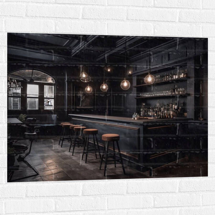 Muursticker Bar Krukken Tafels Stoelen Planten Drank Flessen Zwart 100x75 cm Foto op Muursticker
