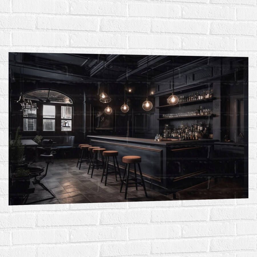 Muursticker Bar Krukken Tafels Stoelen Planten Drank Flessen Zwart 105x70 cm Foto op Muursticker