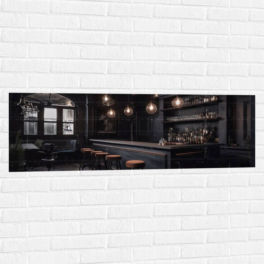 Muursticker Bar Krukken Tafels Stoelen Planten Drank Flessen Zwart 120x40 cm Foto op Muursticker