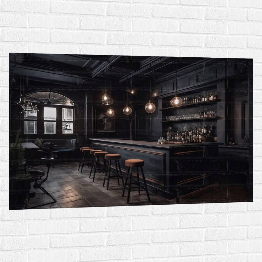 Muursticker Bar Krukken Tafels Stoelen Planten Drank Flessen Zwart 120x80 cm Foto op Muursticker