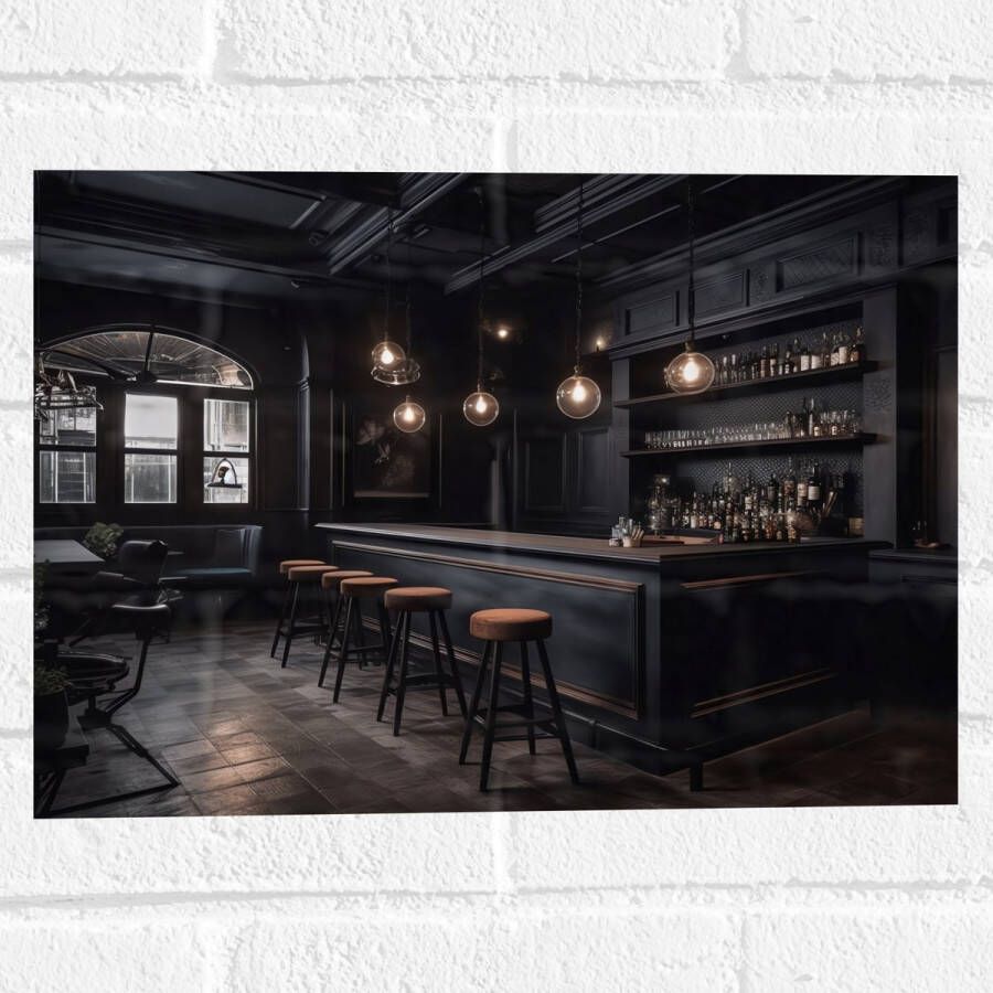 Muursticker Bar Krukken Tafels Stoelen Planten Drank Flessen Zwart 40x30 cm Foto op Muursticker