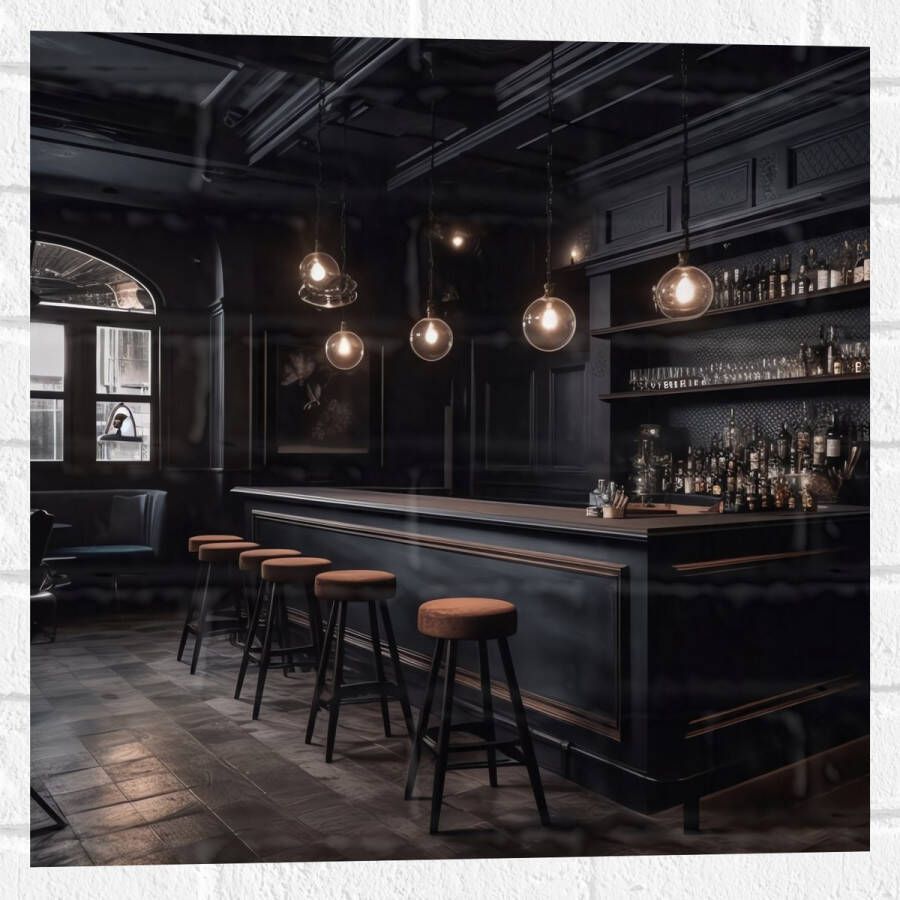 Muursticker Bar Krukken Tafels Stoelen Planten Drank Flessen Zwart 50x50 cm Foto op Muursticker