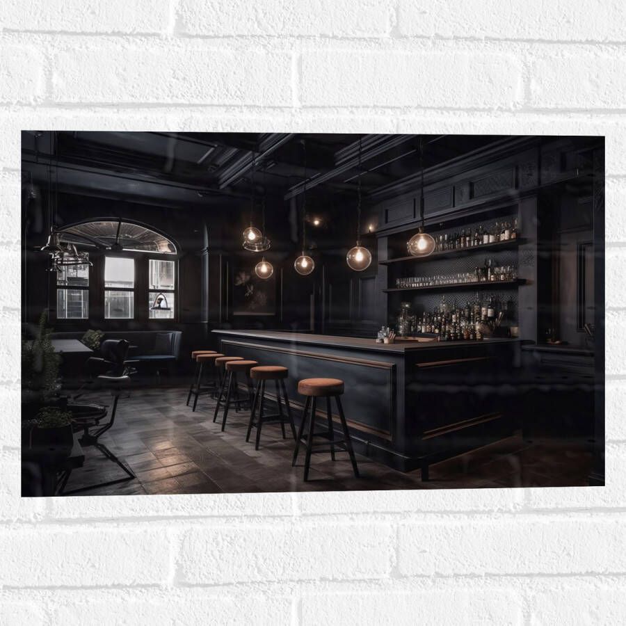 Muursticker Bar Krukken Tafels Stoelen Planten Drank Flessen Zwart 60x40 cm Foto op Muursticker