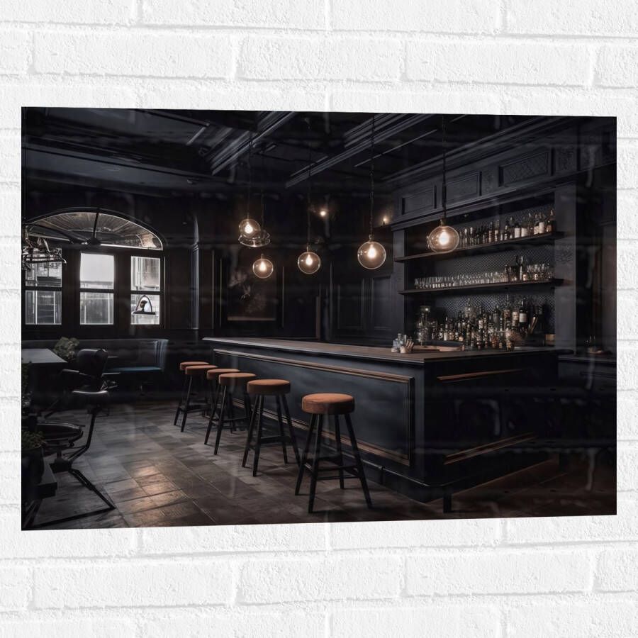 Muursticker Bar Krukken Tafels Stoelen Planten Drank Flessen Zwart 80x60 cm Foto op Muursticker