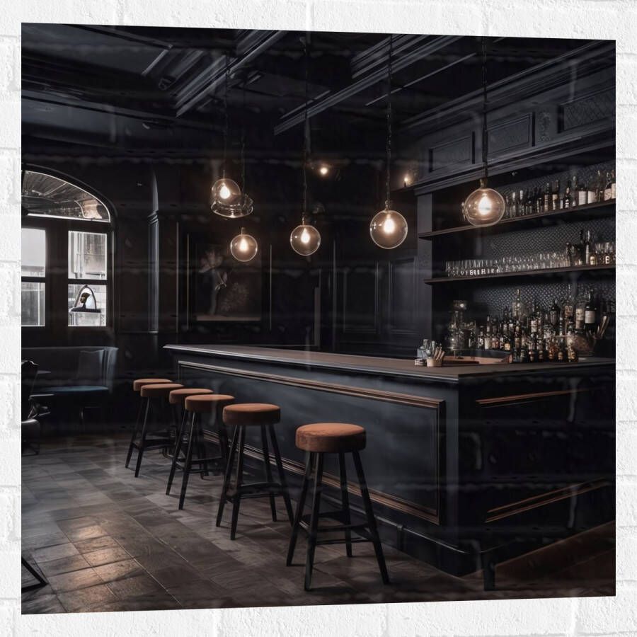 Muursticker Bar Krukken Tafels Stoelen Planten Drank Flessen Zwart 80x80 cm Foto op Muursticker