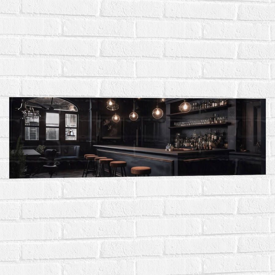 Muursticker Bar Krukken Tafels Stoelen Planten Drank Flessen Zwart 90x30 cm Foto op Muursticker
